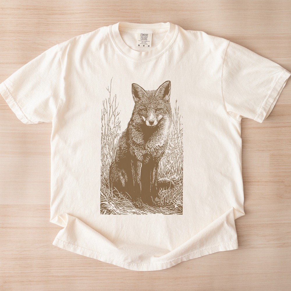 Alert Wolf in Grass Graphic Tee Black and White Ink Drawing